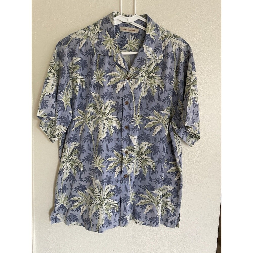 Tommy Bahama Mens Blue Palm Trees 100% Silk Short Sleeve Shirt Size XL